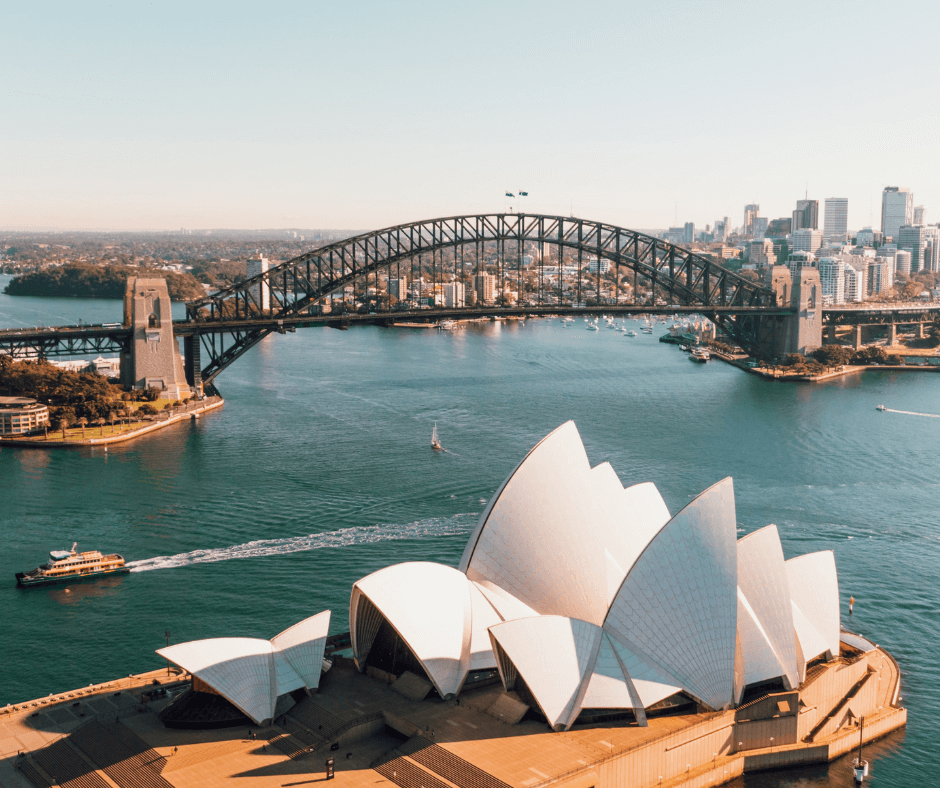 Das weiße Sydney Opera House und die Sydney Harbour Bridge mit der Sykline von Sydney im Hintergrund und einem fahrenden Schiff