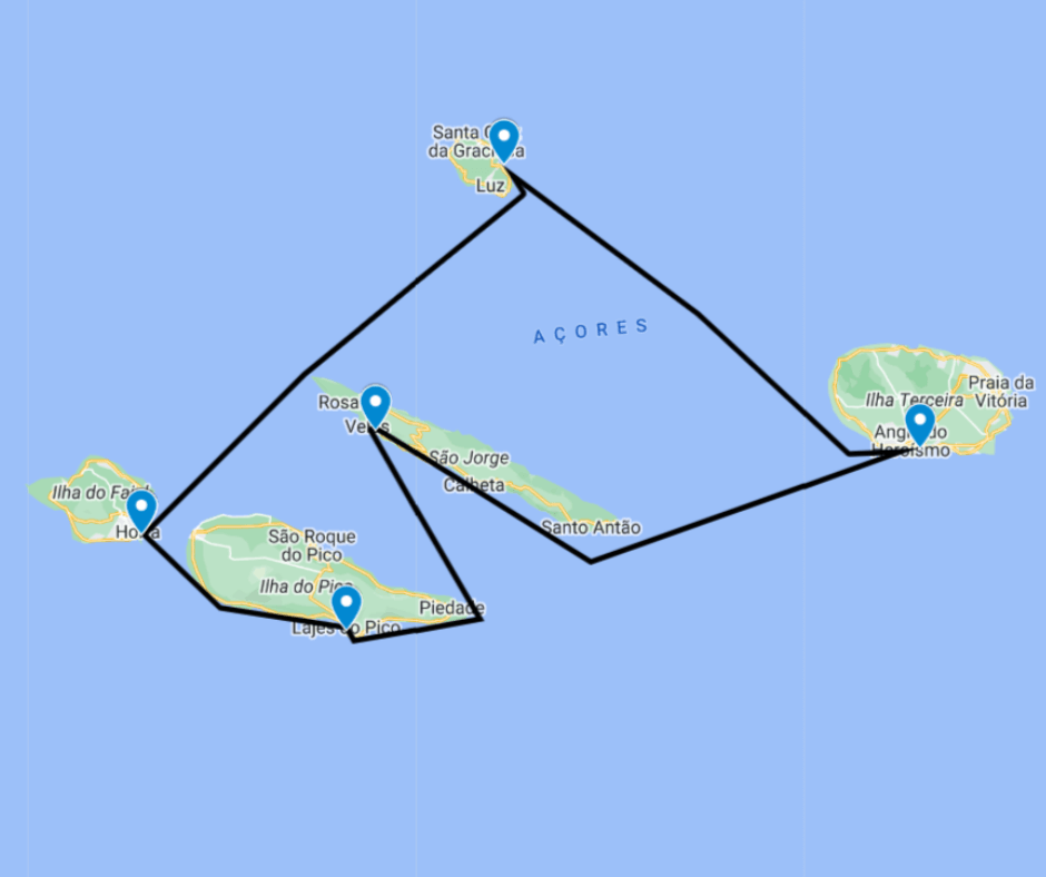 Karte Segelroute für Rundreise Azoren