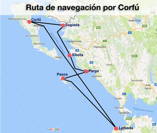Mapa de la ruta de navegación por Corfú