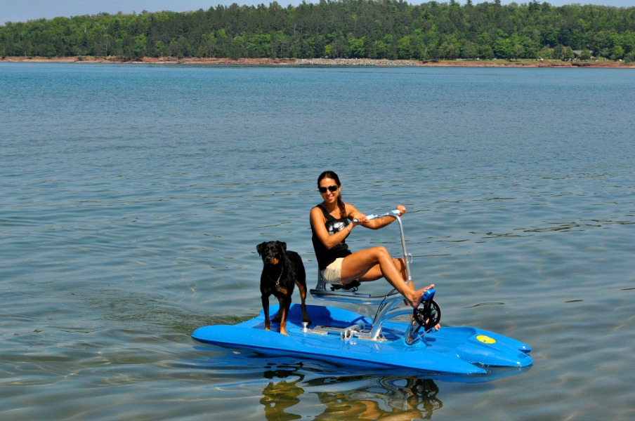 persona su una water bike con un cane