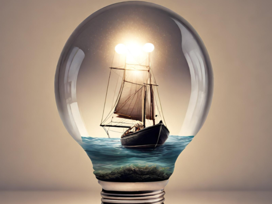 Barca che naviga dentro una lampadina
