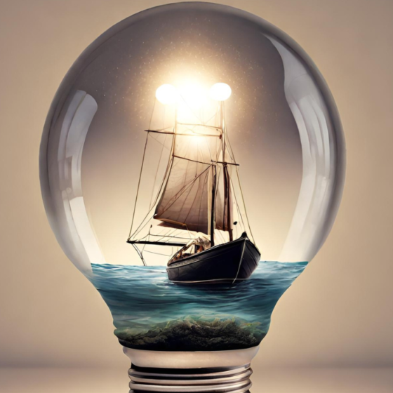 Barca che naviga dentro una lampadina
