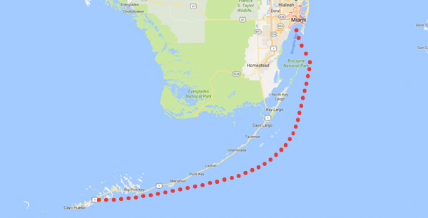 Map of the sailing route, from Miami to Key West