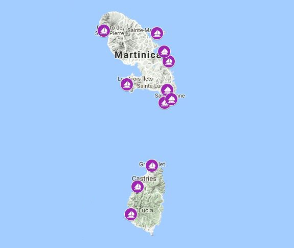 A map of Martinique and Saint Lucia with sailing spots used in our sailing route