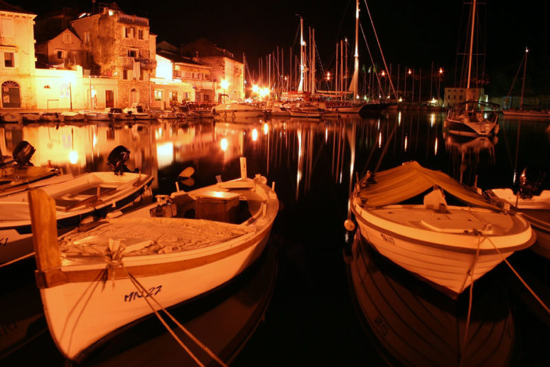 Milna at night on the Split boat charter route