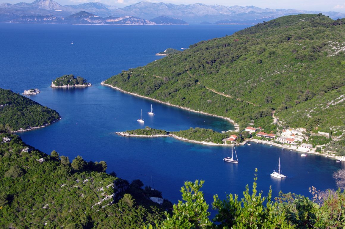 Aerial View of Sailboats and catamarans on the coast of Island of Mljet, Croatia