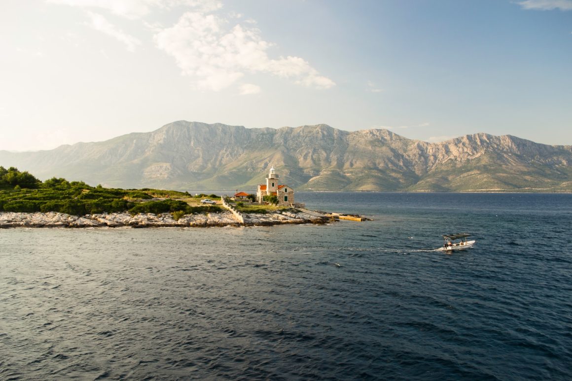 mountains, church, boat, croatia island, croatian mountains, hvar croatia, rocky beach, adriatic sea, boat sailing through adriatic sea,