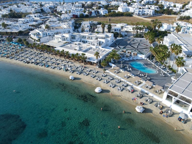 Ornos Beach, one of the crowded, family friendly Mykonos beaches