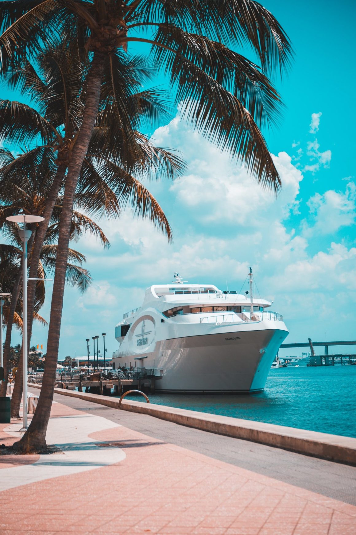 Mega yacht docked with palm trees