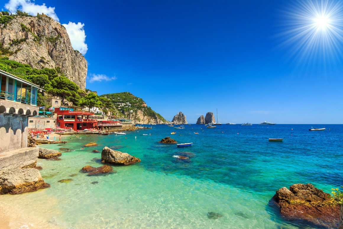 Clear blue waters of a beach on Capri, Italy in the Amalfi Coast