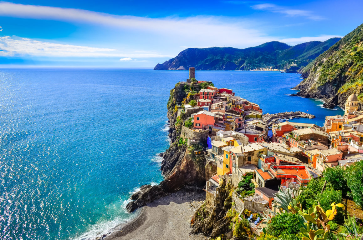 Scenic view of colorful village Vernazza and ocean coast in Cinque Terre, Italy