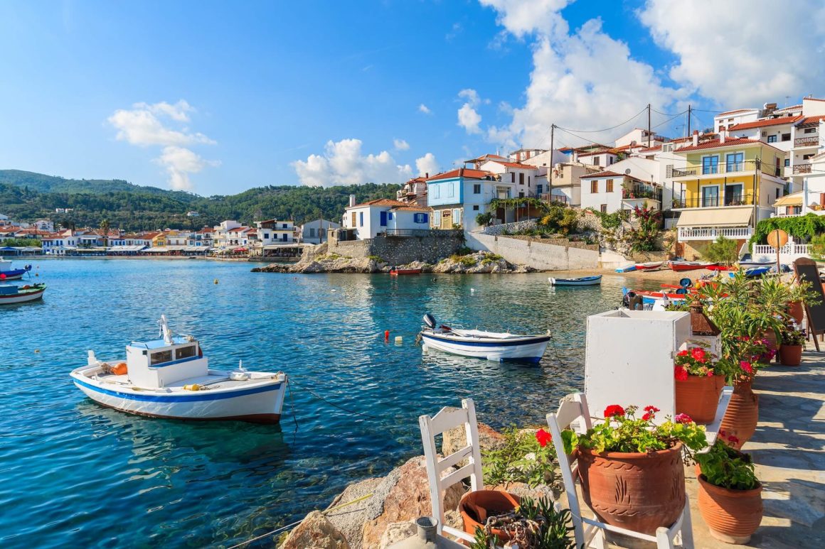 A charming town in Samos, Greece with boats and buildings