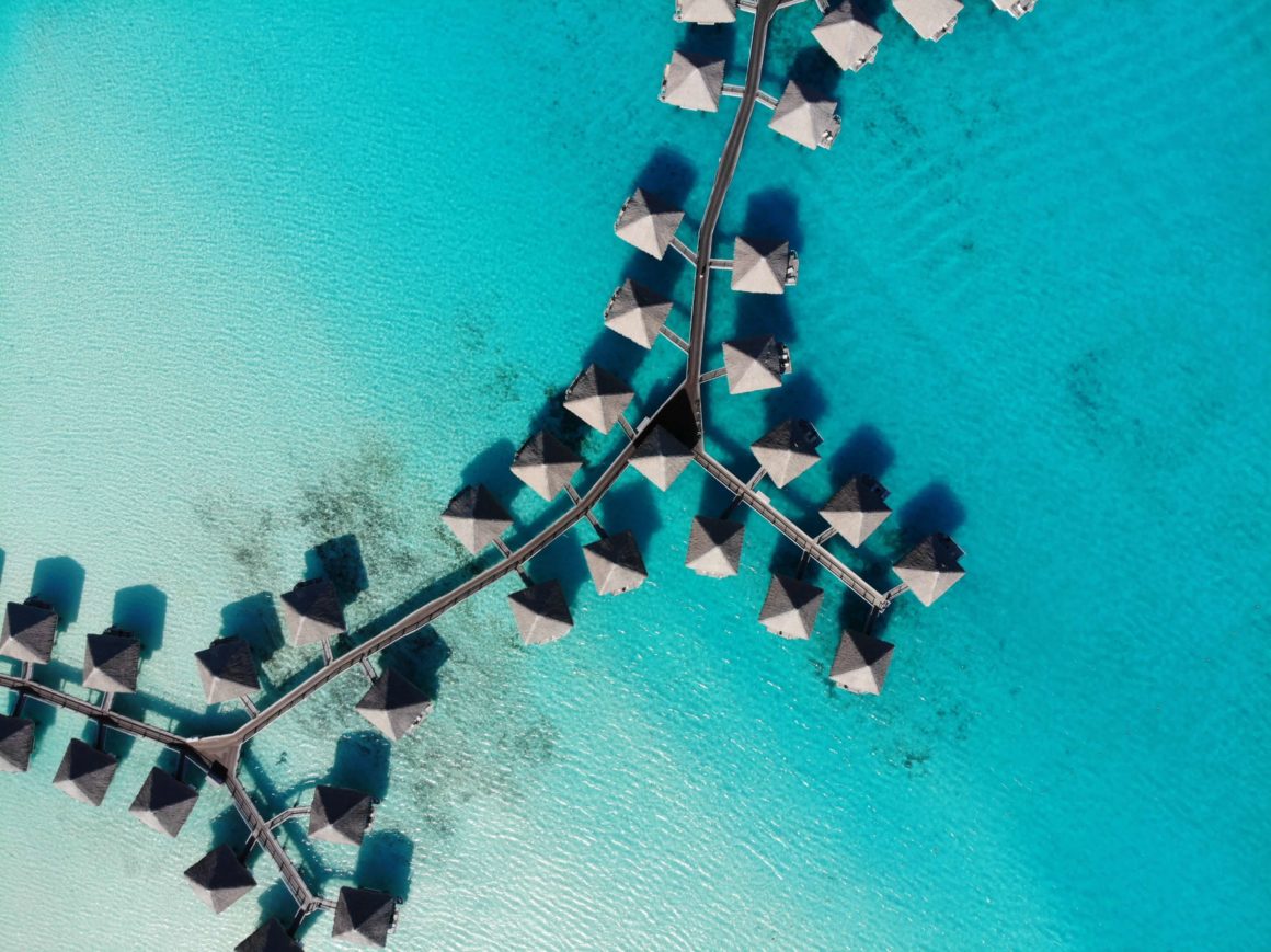 Aerial view of the bungalow hotels in Bora Bora