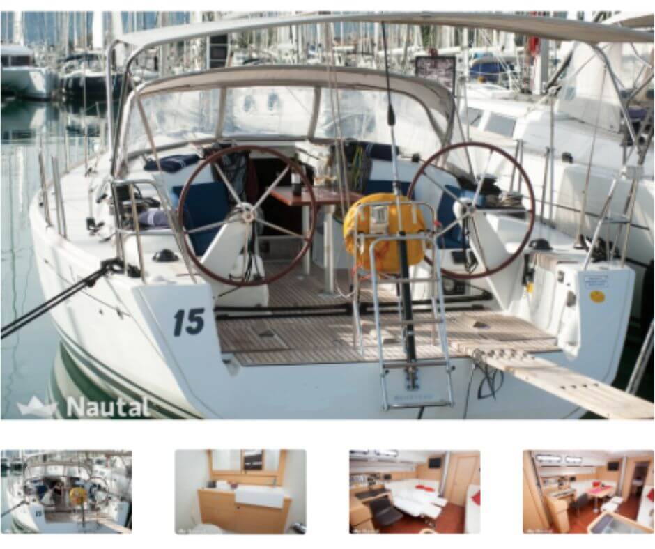 Series of interior photographs from a motorboat and its cabins. Boat profitable with Nautal