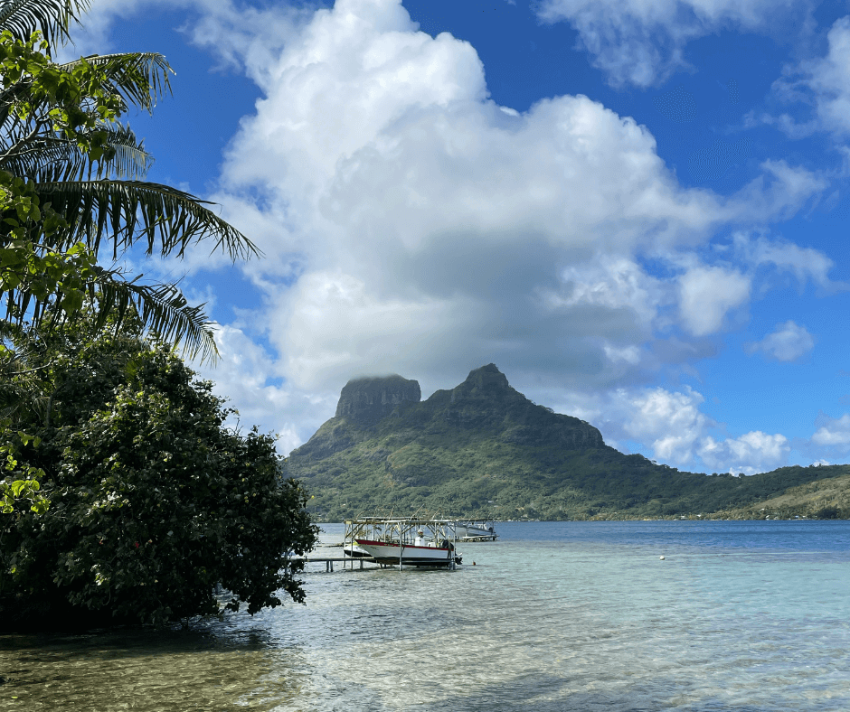 Tropical scene; view from the water of trees, fishing boats, and a high rocky peak opposite covered in vegetation. 